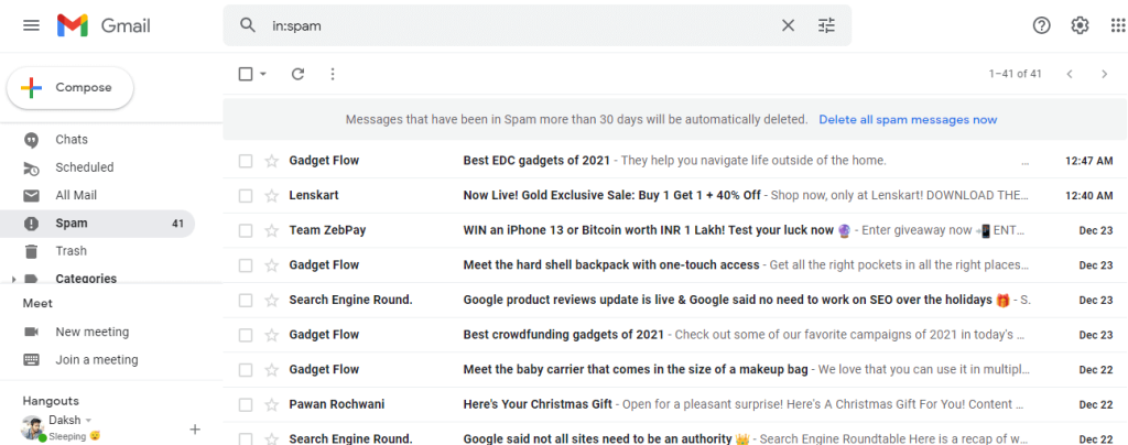 Clear spam folder