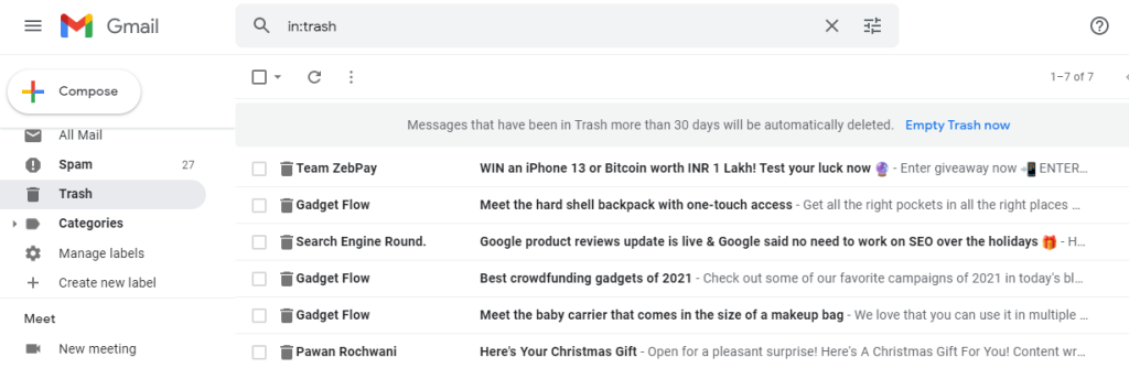 Delete emails from trash