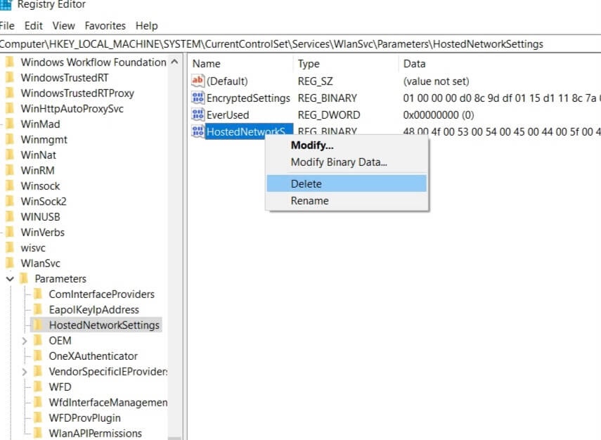 Delete Hosted Network Settings key from regedit