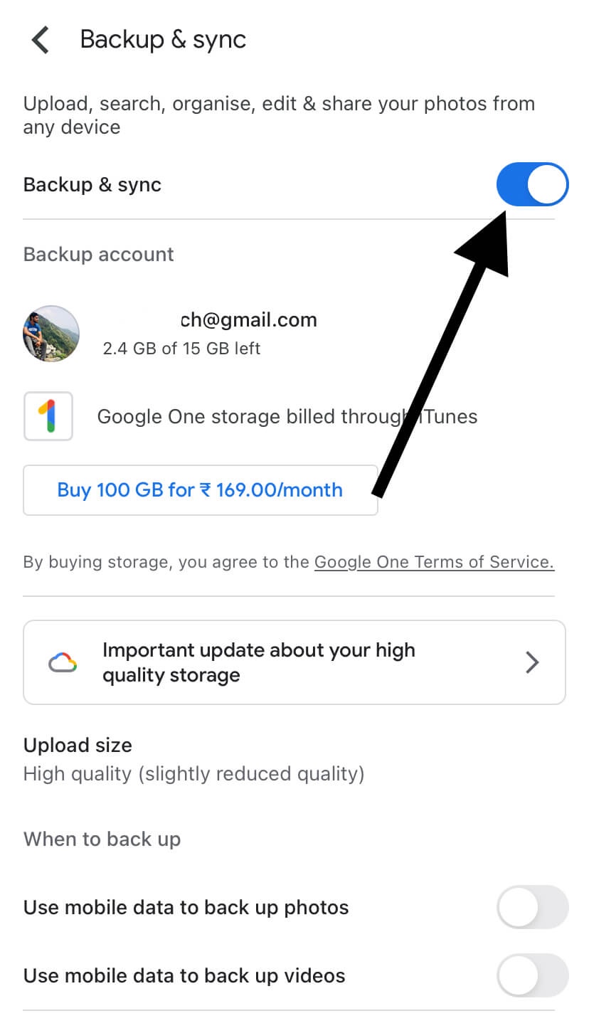 Enable Google Photos backup on iPhone