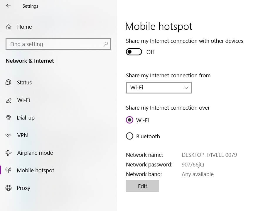 Mobile hotspot - network driver settings on Windows 10