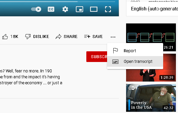 Open transcript option on YouTube