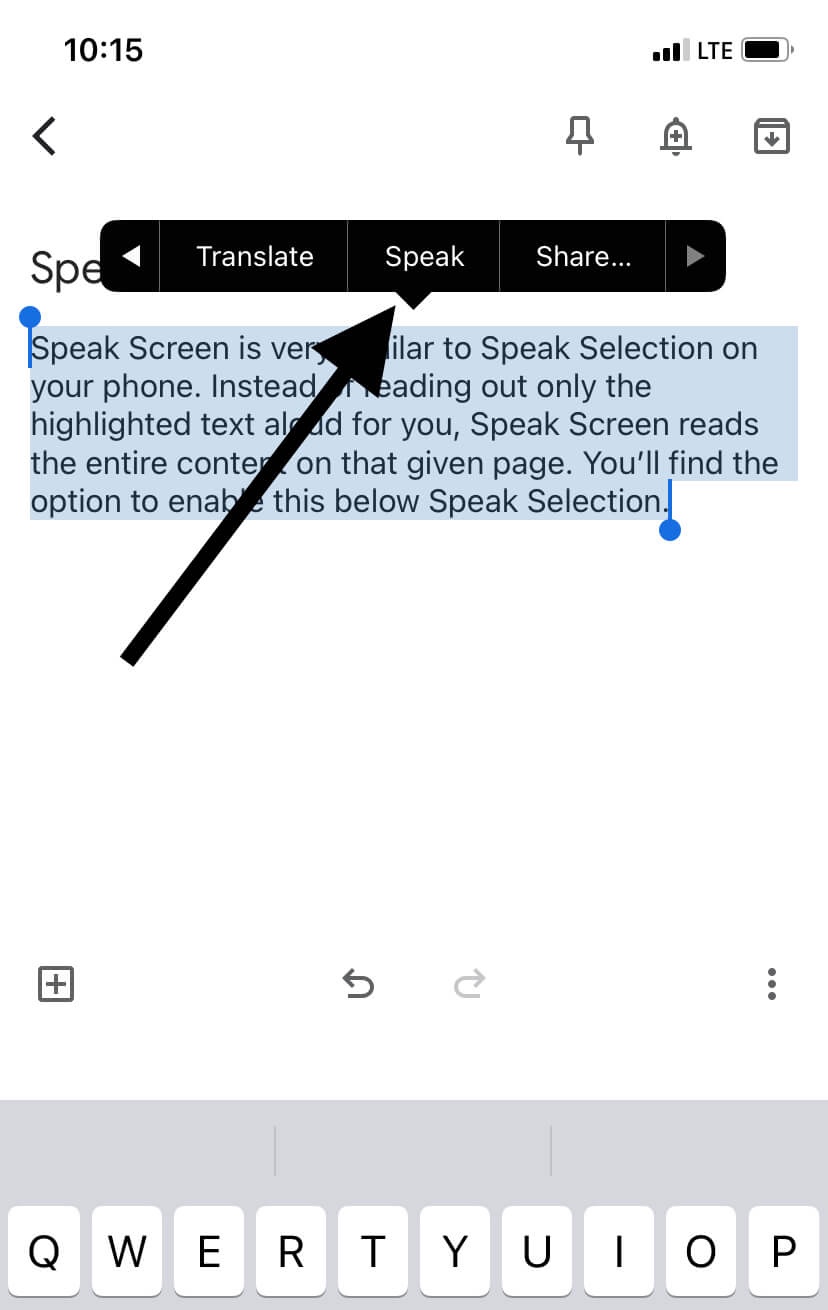 Speak text feature on iPhone