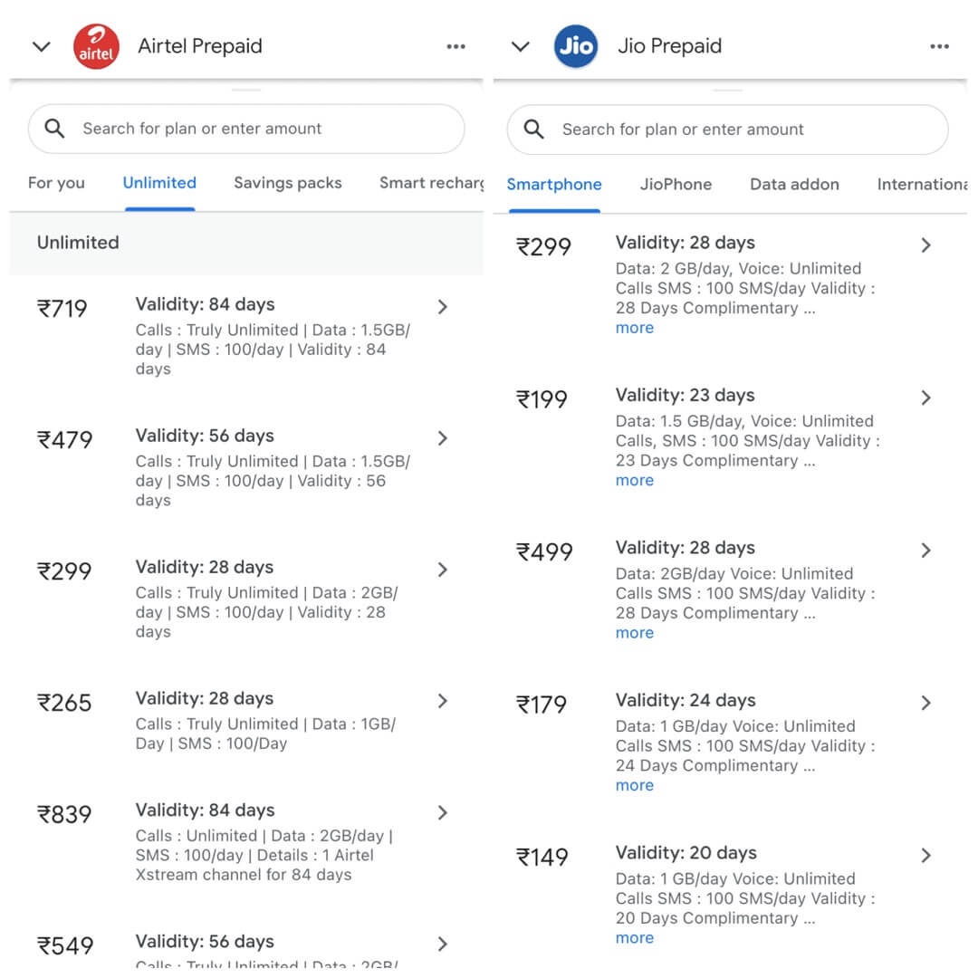 Airtel vs Jio - Plans & Pricing