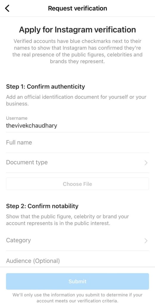 Fill Instagram verification form