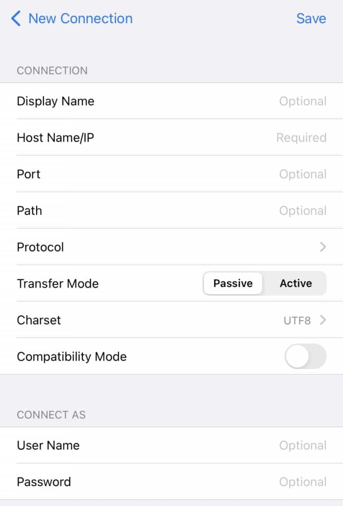 Enter FTP server information