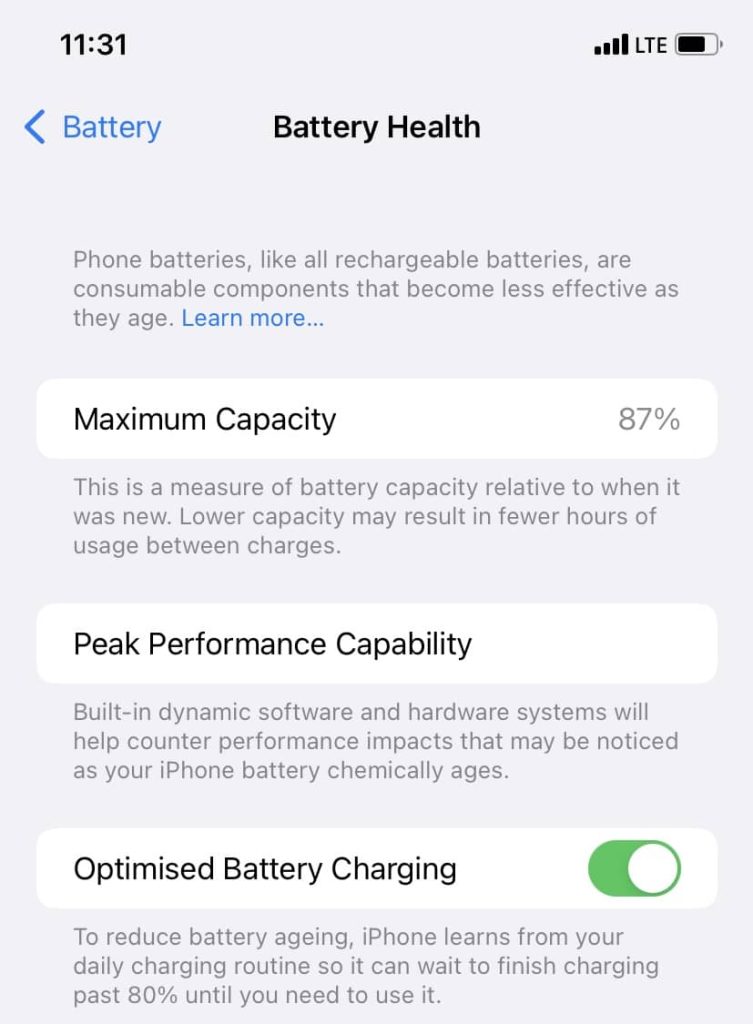 Battery health settings