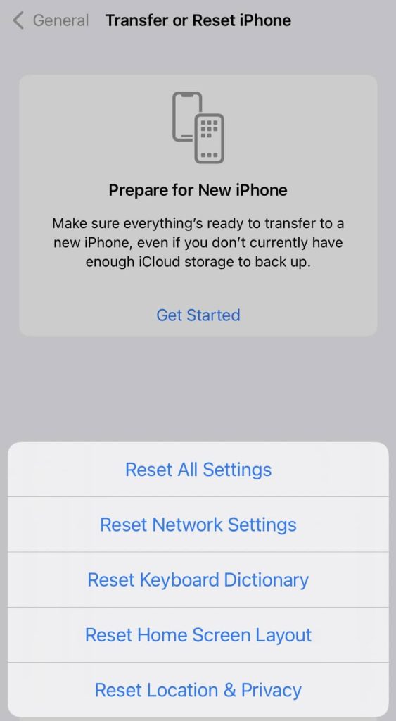 Reset iPhone settings