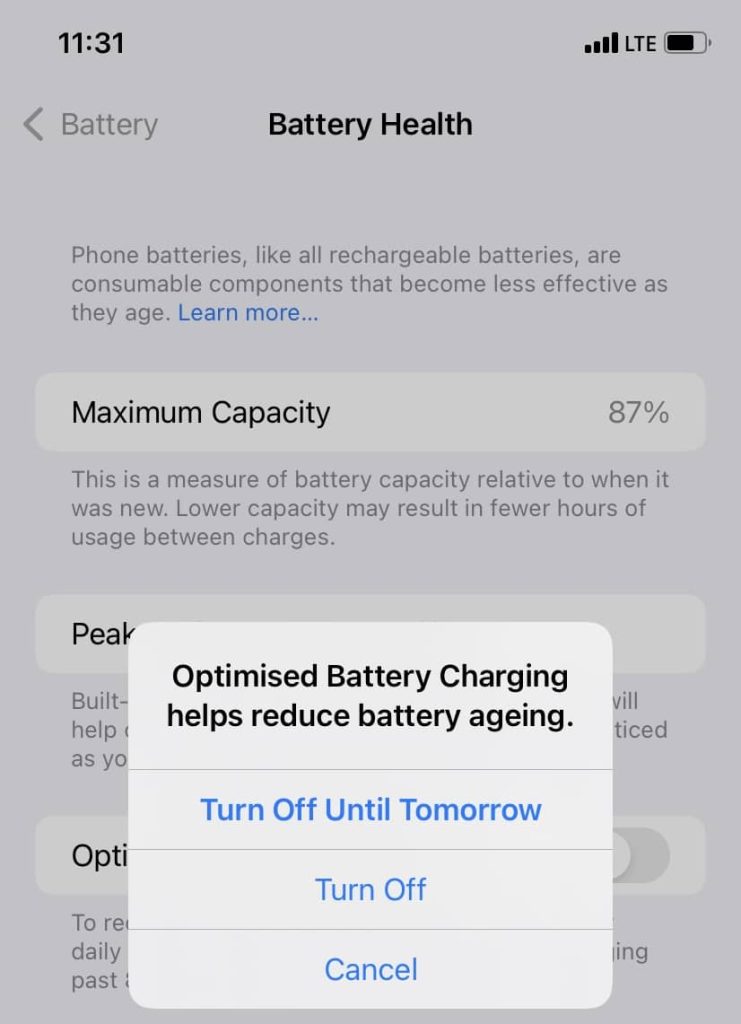 Turn off optimised battery charging