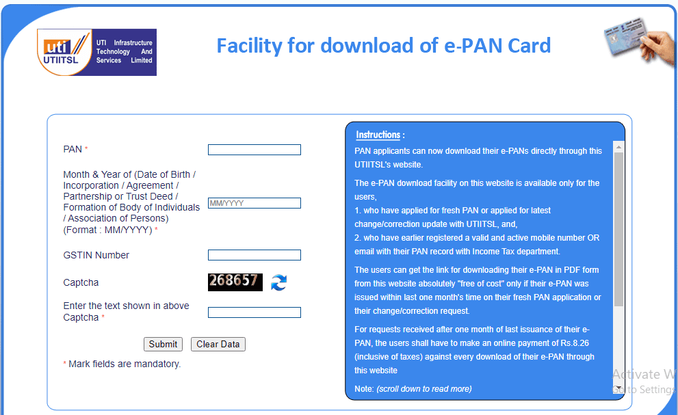 Download e-PAN card from UTIITSL website