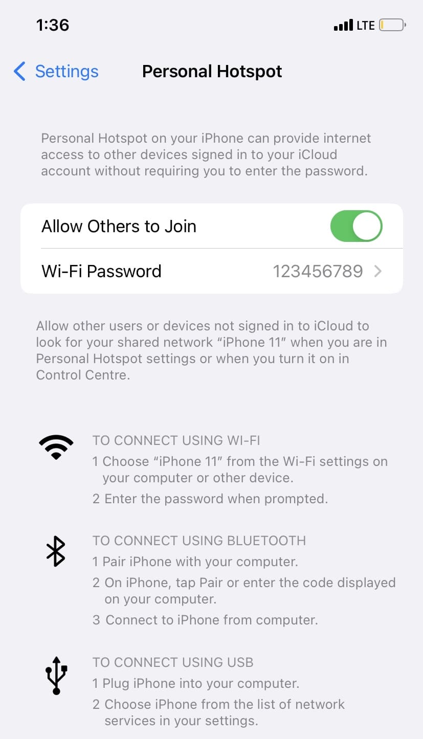 Know mobile hotspot password on iPhone