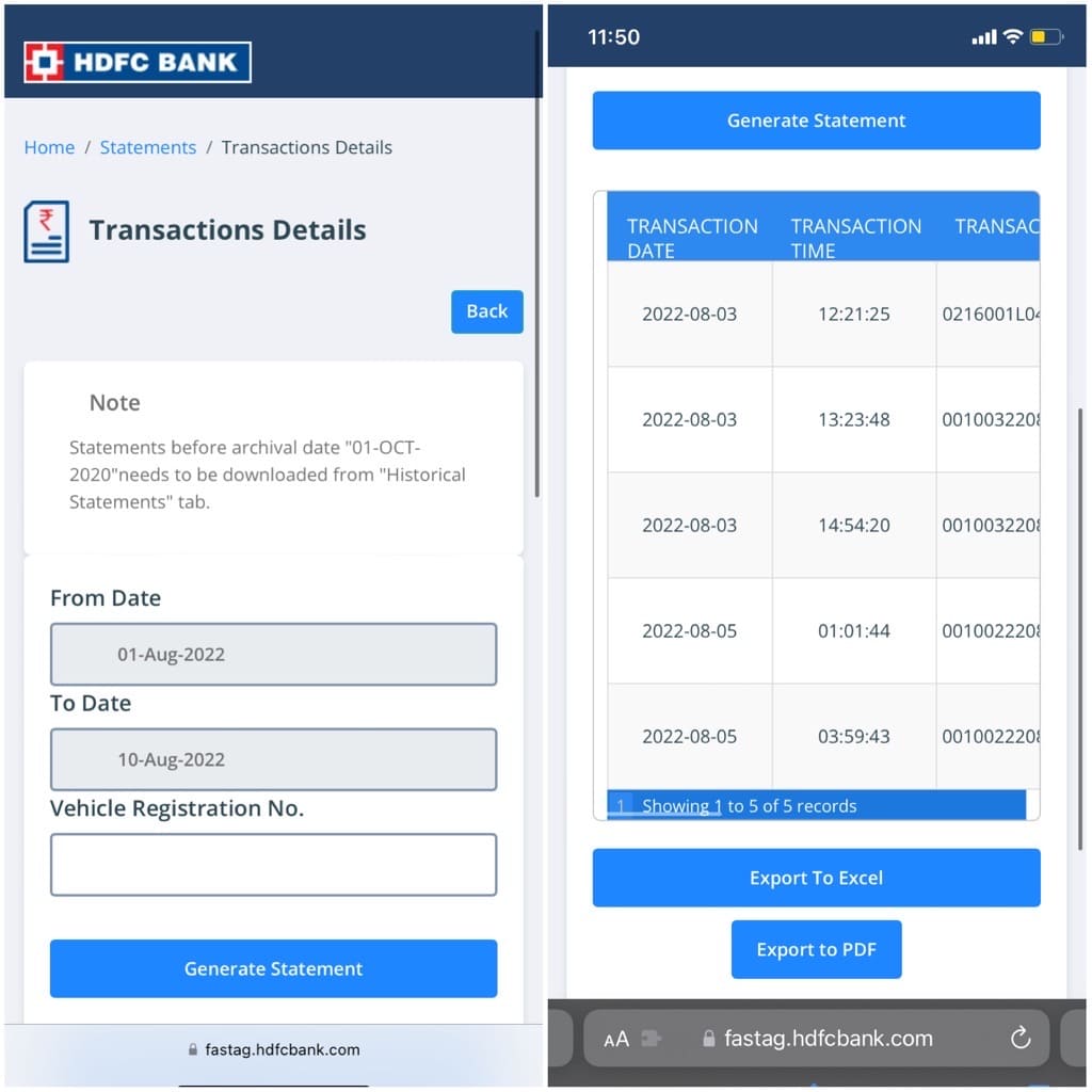 Check HDFC FASTag transaction history