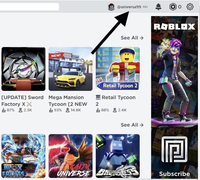 Click the Roblox username to open your Profile
