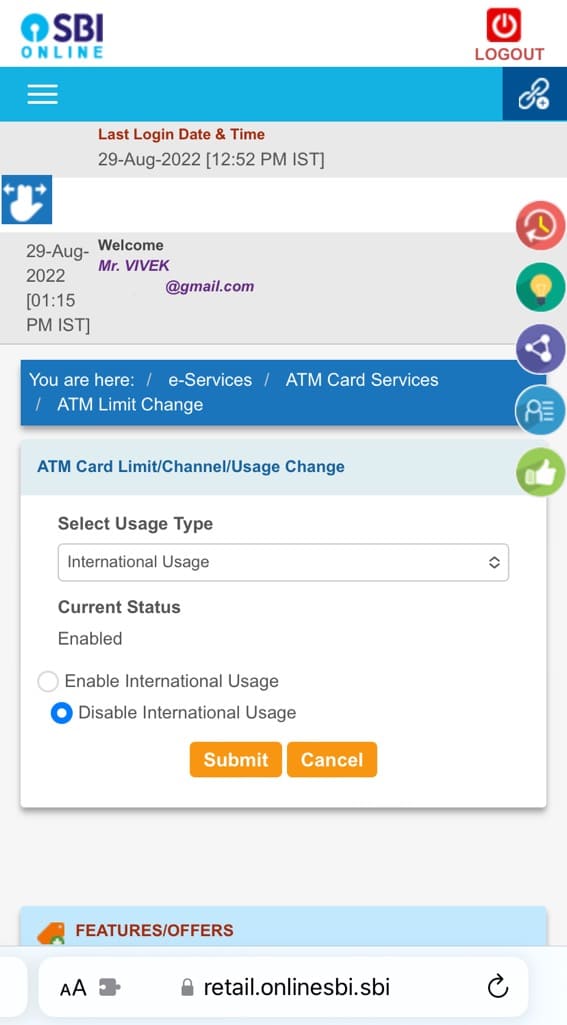 Enable international transactions using Online SBI website