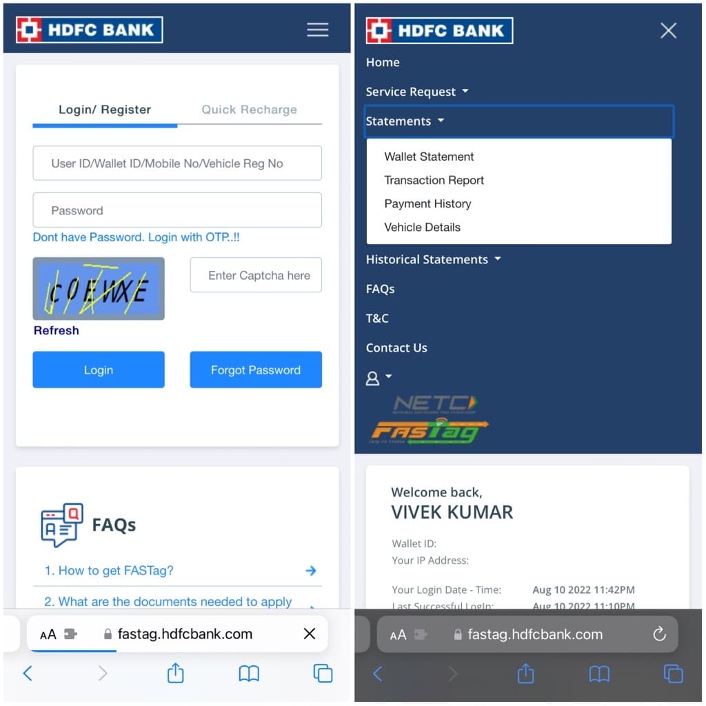Login HDFC FASTag online