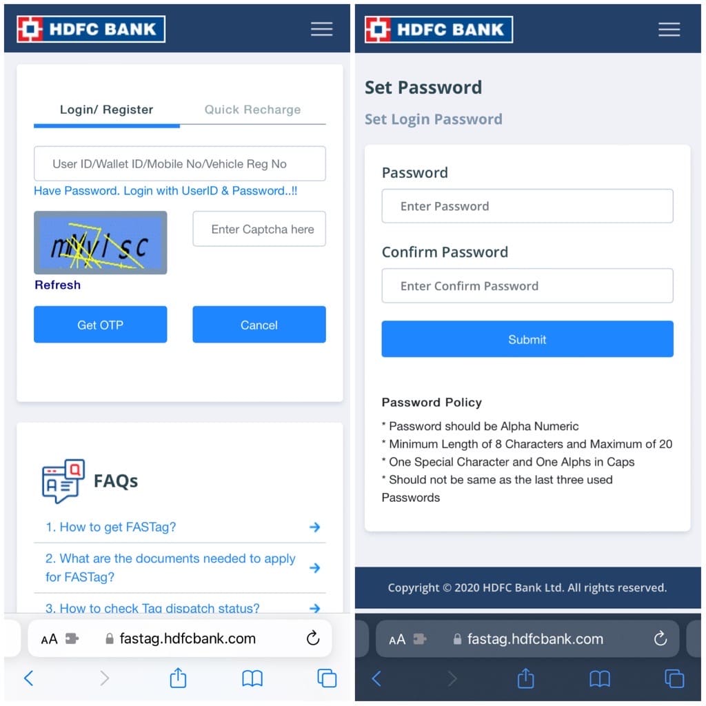 Register account on HDFC FASTag online portal