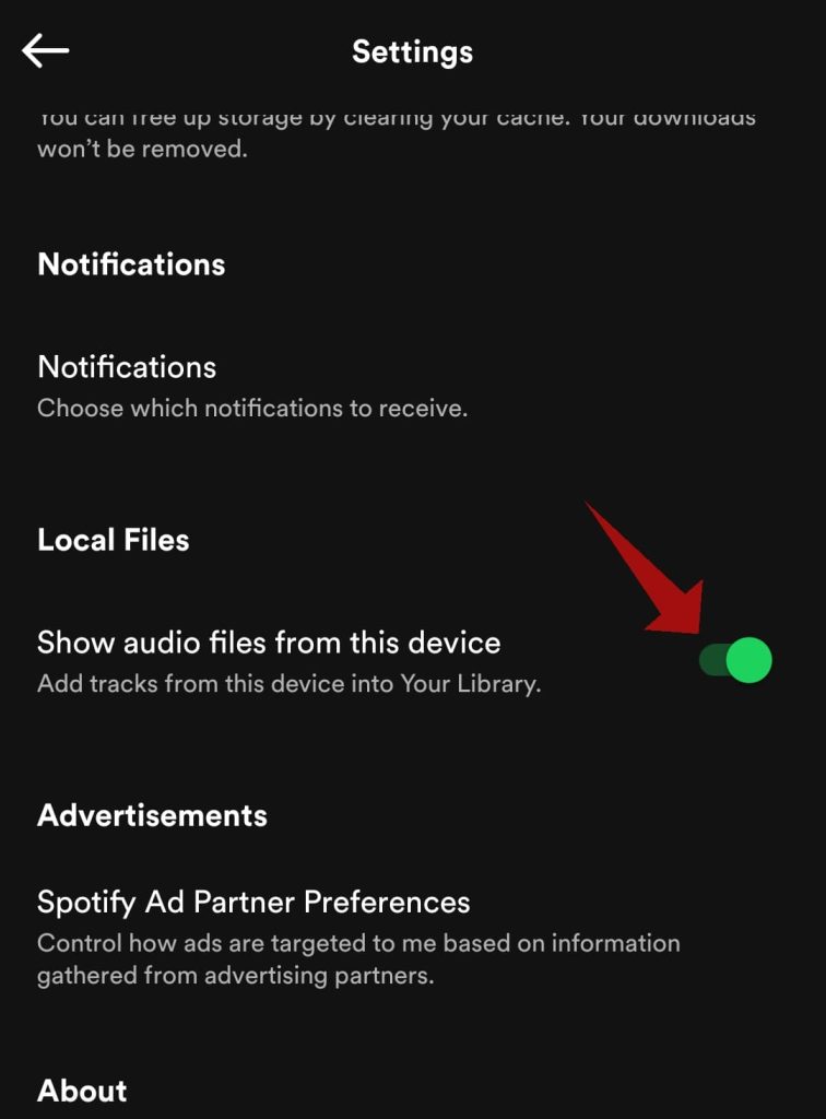 Enable local files in Spotify Android settings