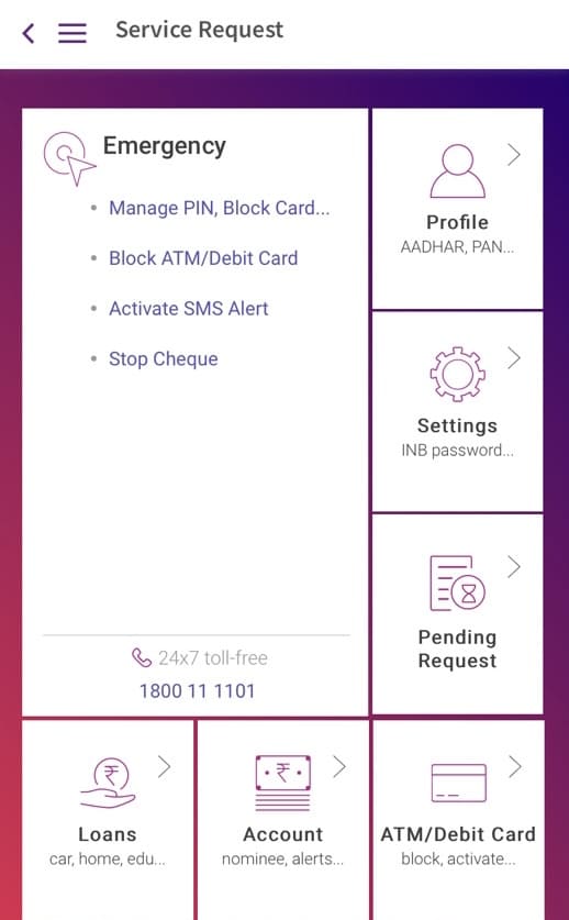 Yono SBI app - Service request page