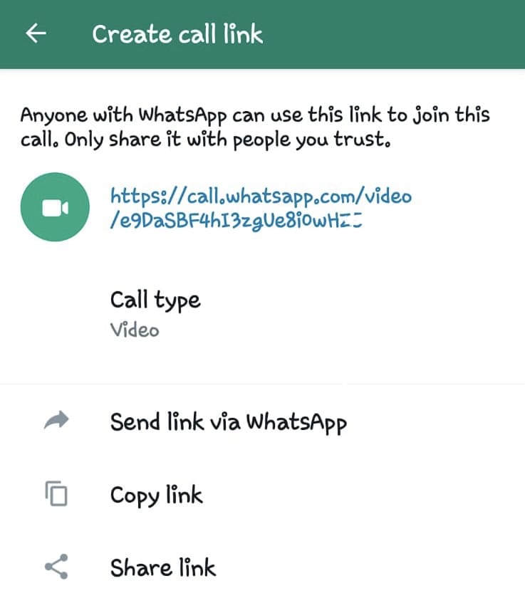 Copy or share whatsapp call link