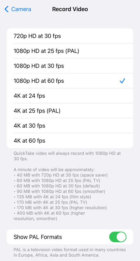 Enable PAL format in iPhone camera to fix flickering lights
