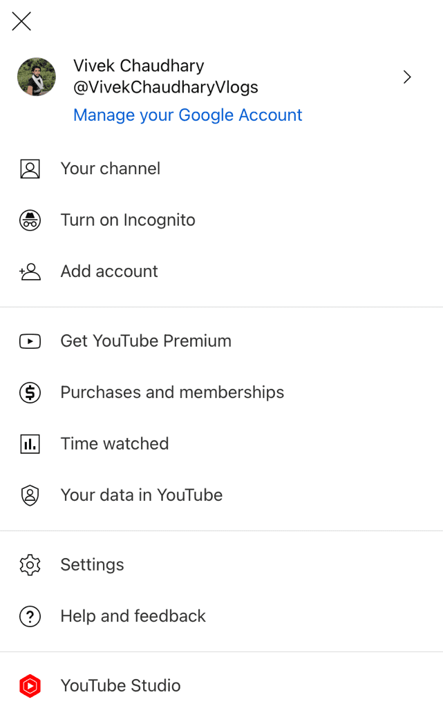 YouTube settings menu