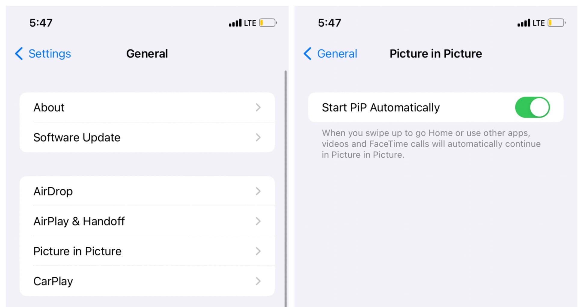 Enable picture-in-picture on iOS settings