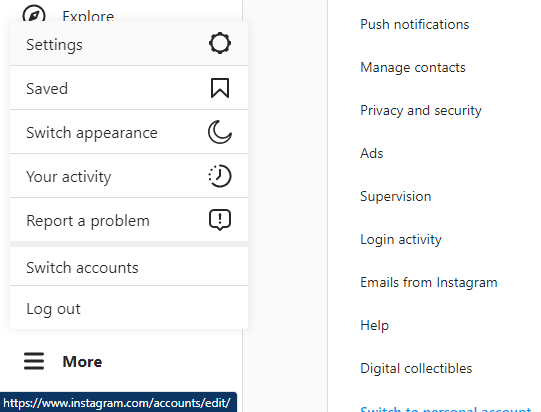 Instagram settings on web