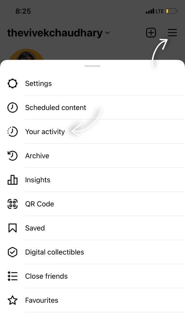 Your activity - Instagram menu