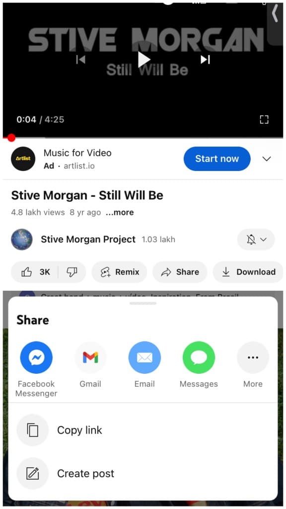 YouTube video share option