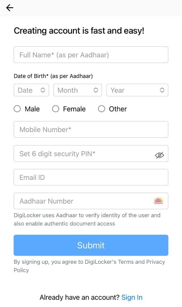 Create a new account on DigiLocker