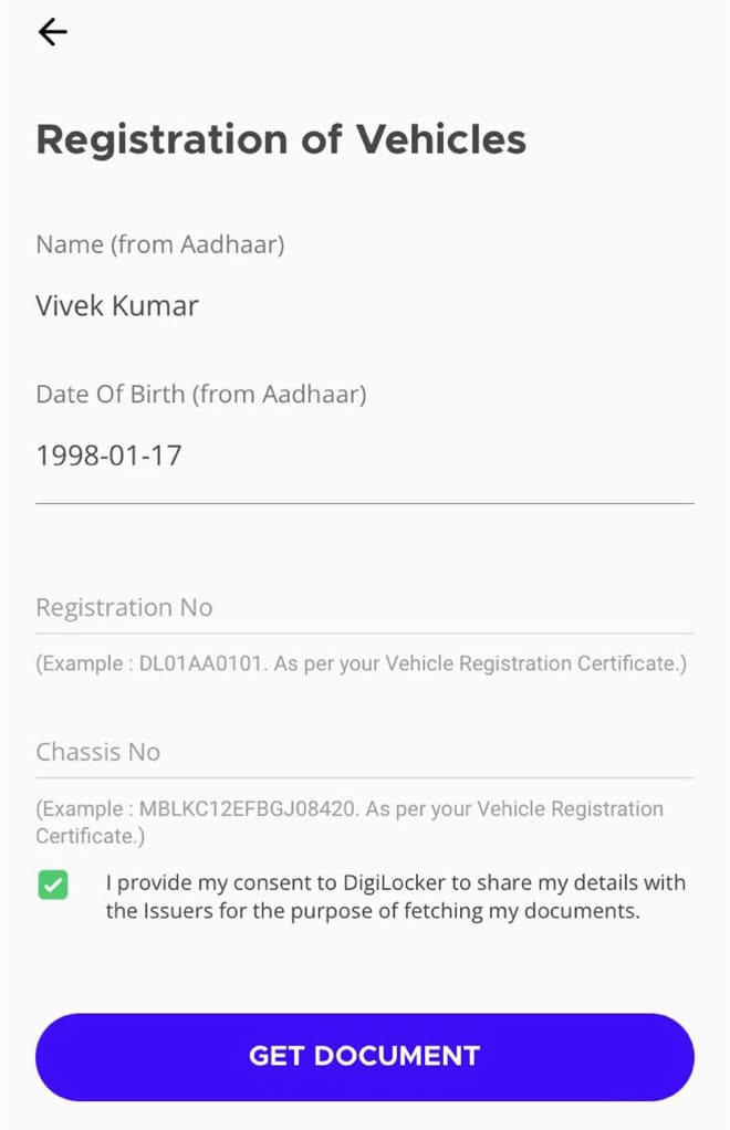 Enter RC number and chassis number