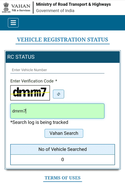 Enter vehicle number to check RC details