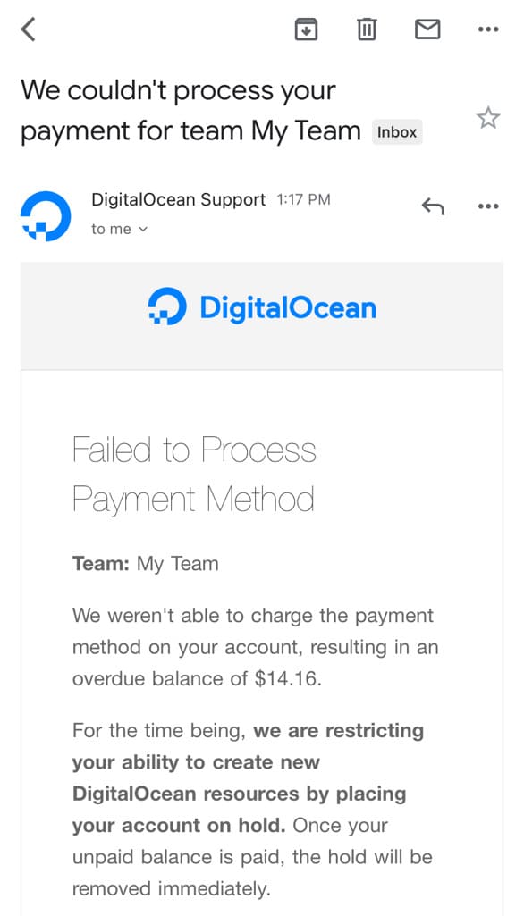 Failed to process card payment on DigitalOcean