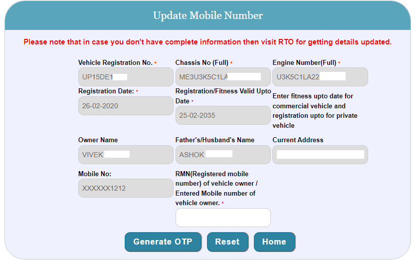 Update phone number in vehicle RC online