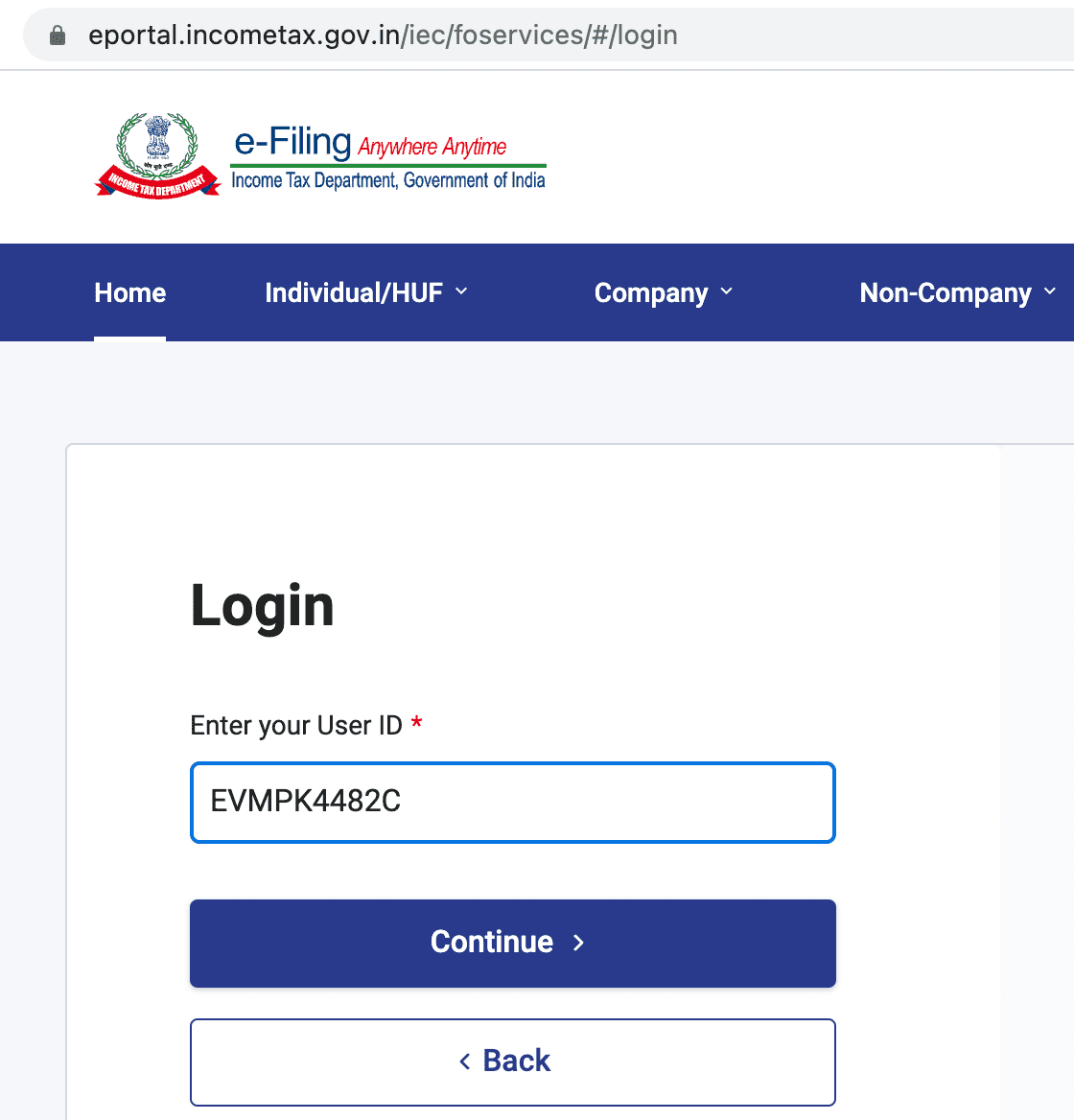 Login income tax e-filing account
