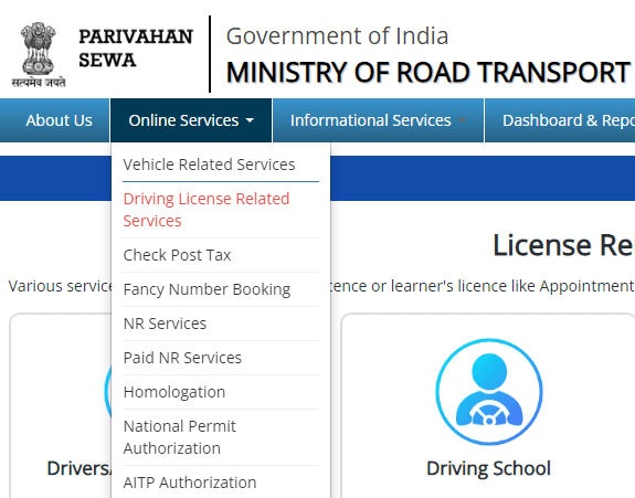 Driving licence related services on Parivahan Sarathi