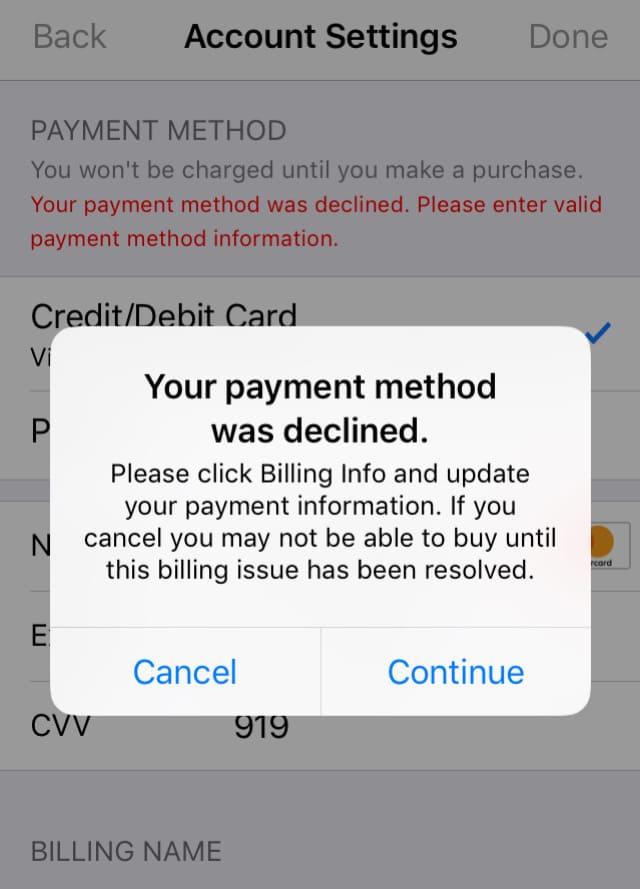 Your payment method is declined error on iPhone