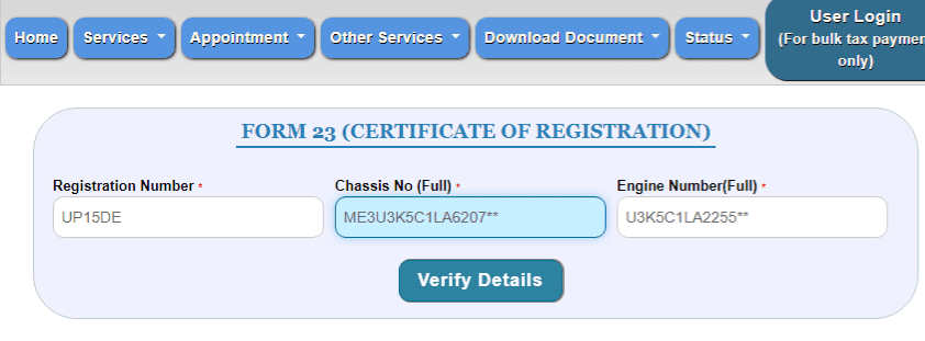 Enter registration number details