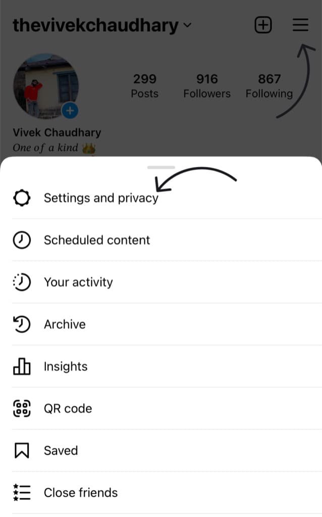 Settings and privacy option in Instagram menu