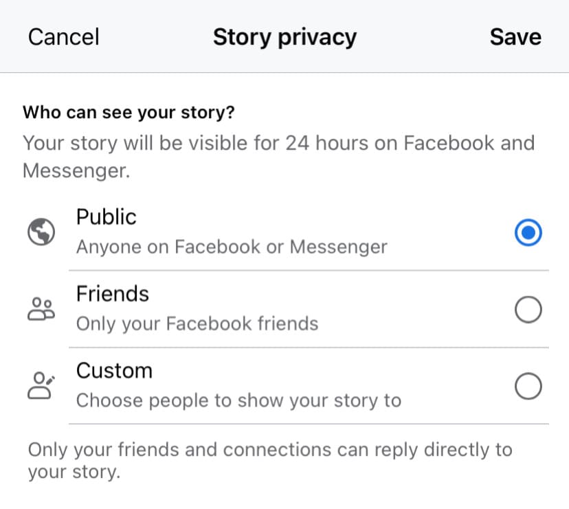 Set Facebook story privacy to hide your story