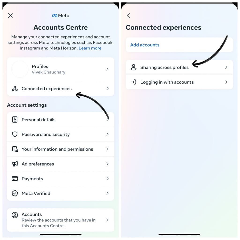 Sharing across profiles in Accounts Center