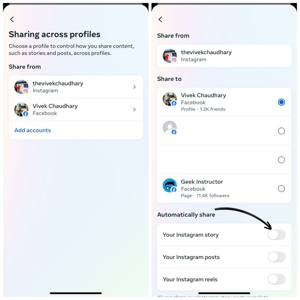 Stop sharing Instagram stories to Facebook from Accounts Center