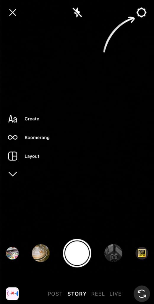 Tap settings icon in Instagram story camera