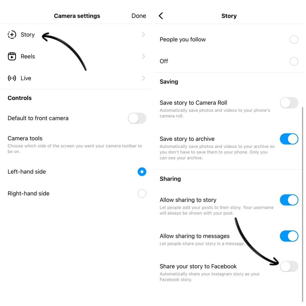 Turn off automatic sharing to Facebook from Instagram story settings