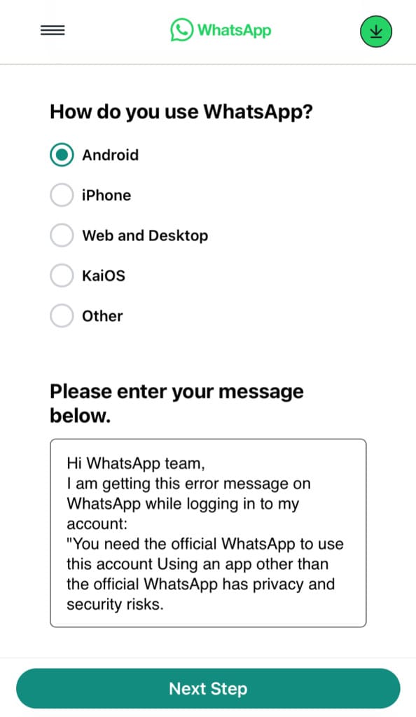 Contact WhatsApp support