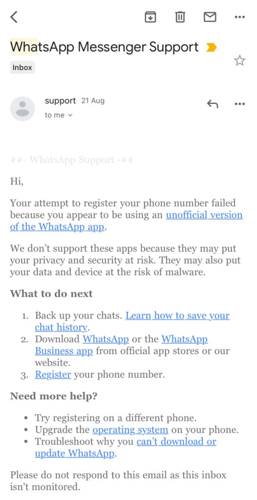 Email response from WhatsApp support to fix the "You need the official WhatsApp to use this account" error