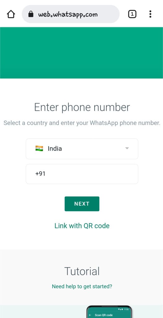 Enter phone number on WhatsApp Web