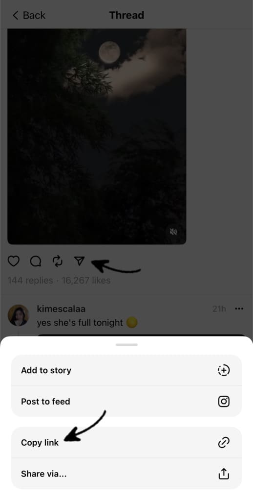 Copy video link from Threads on iPhone