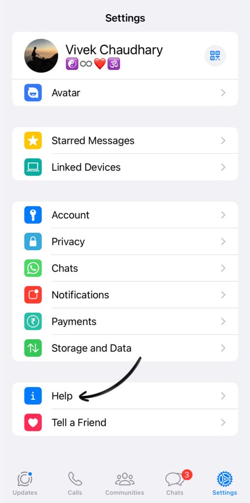 Go to Help section on WhatsApp