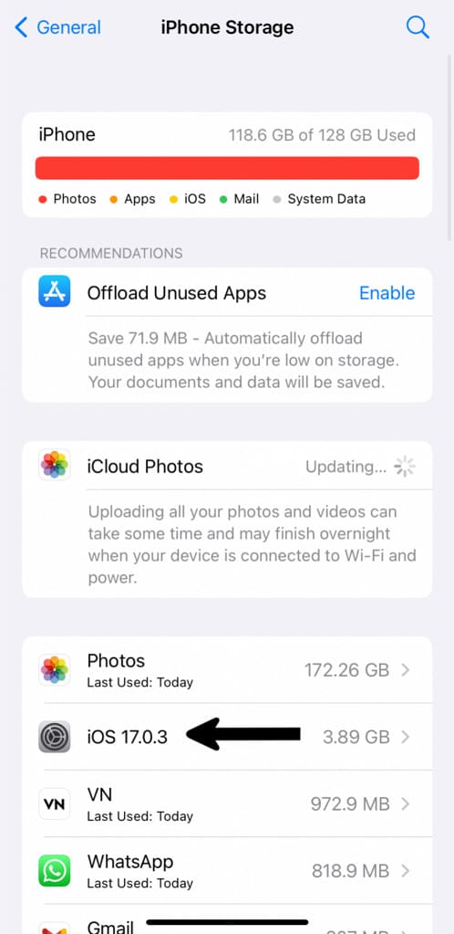 Open iOS update from iPhone storage